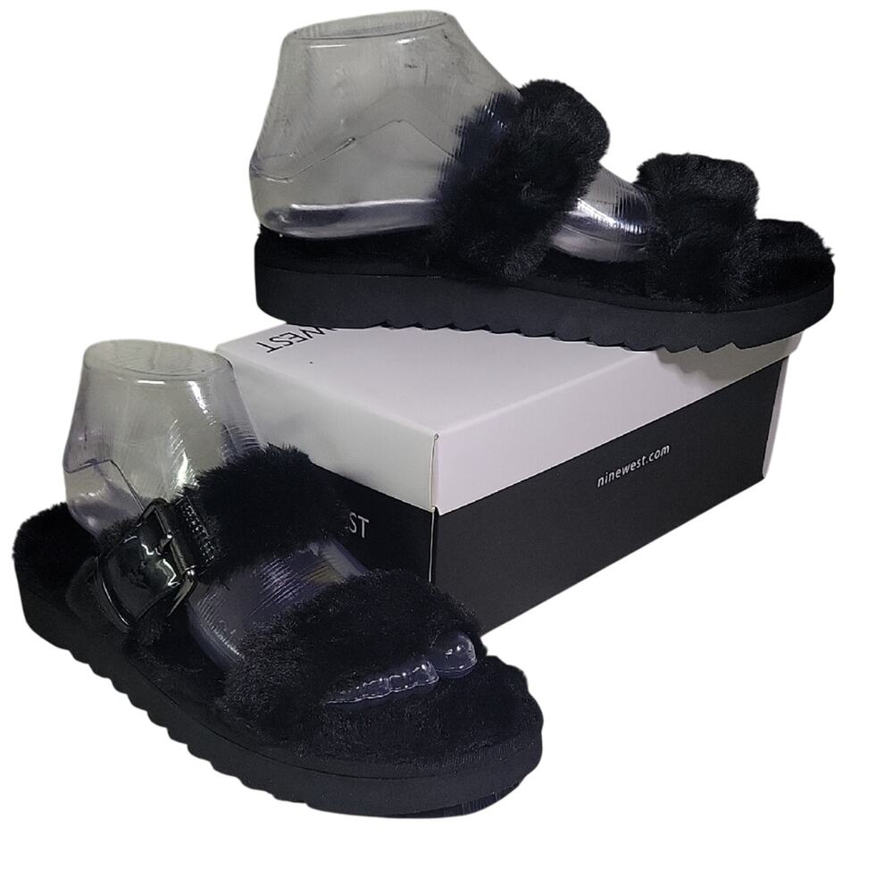 Nine West Funkie Black Faux Fur Slide On Sandals Womens Size 8 NEW